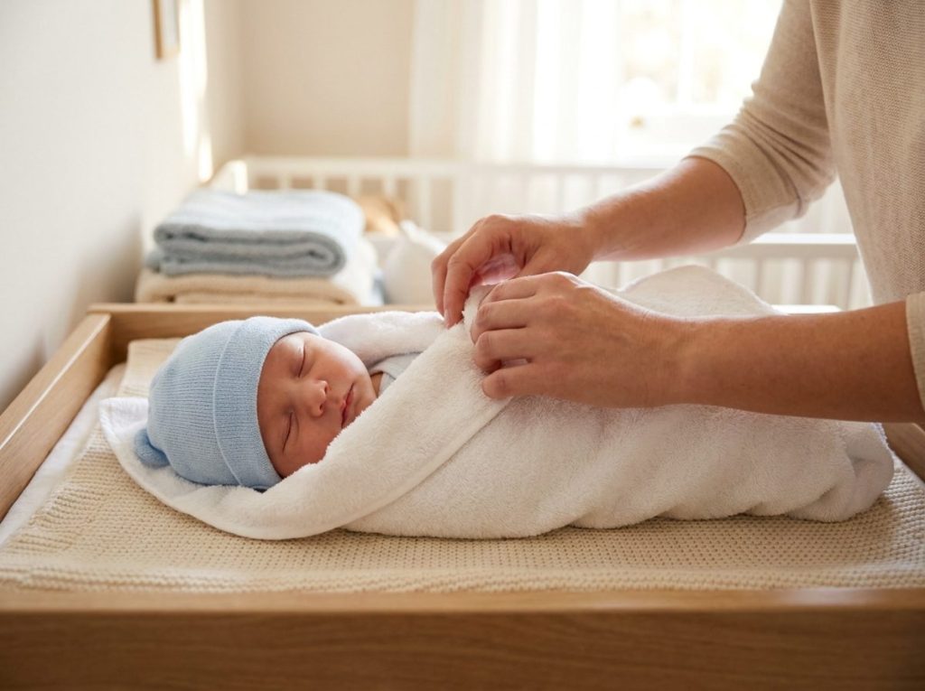 A parent gently swaddles a calm newborn wearing a soft knit cap