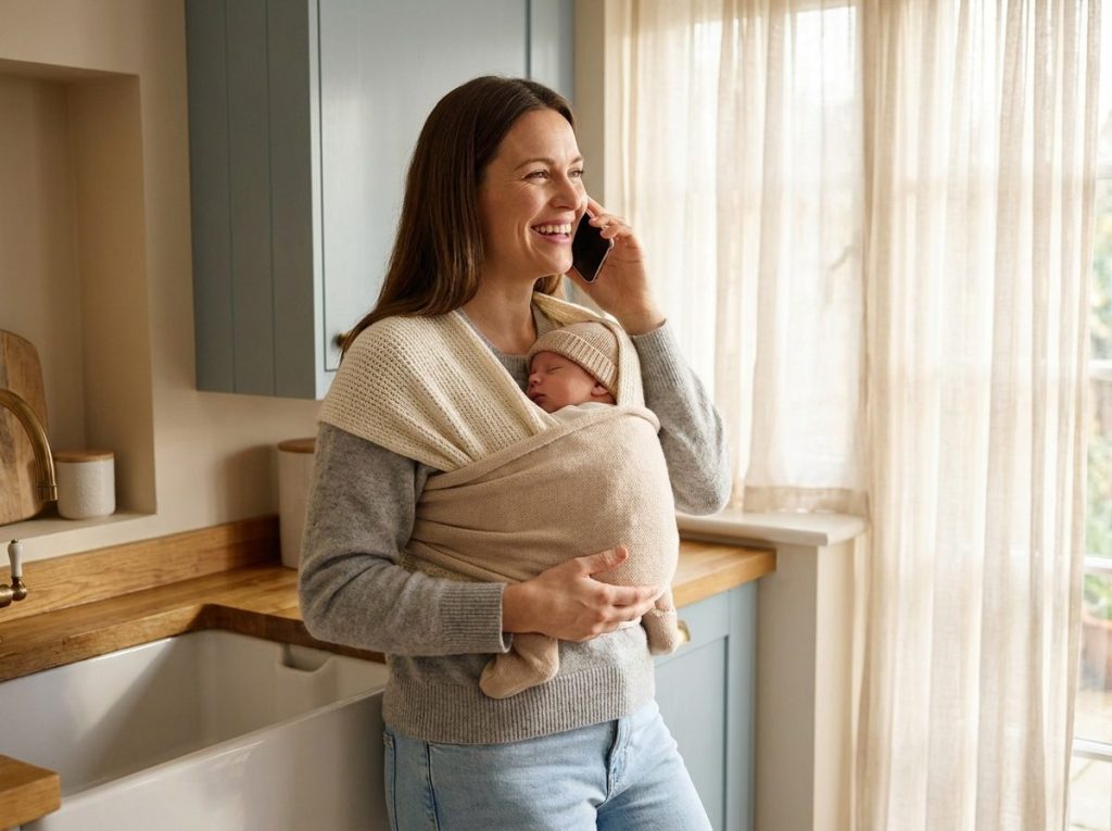 A smiling mother talks on the phone while carrying her newborn in a wrap
