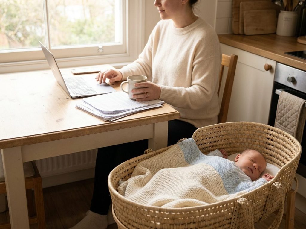 A parent reviews paperwork at the kitchen table while a newborn sleeps in a bassinet