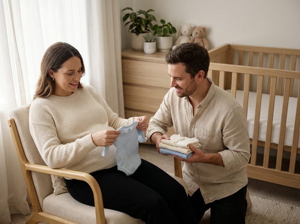 An expecting couple folds baby clothes together in a nursery
