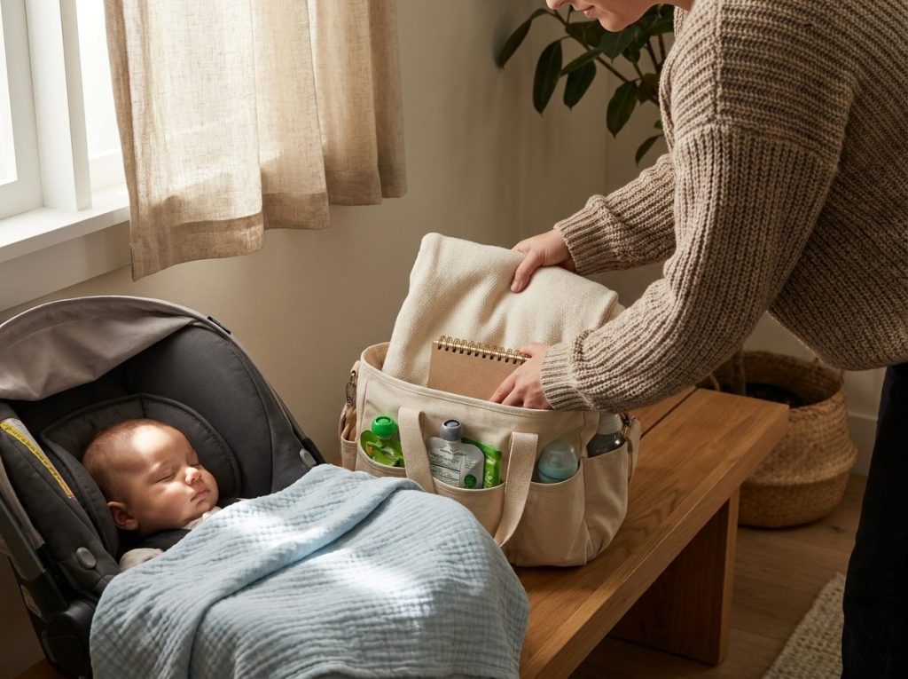 A parent packs a diaper bag beside a sleeping baby in a car seat