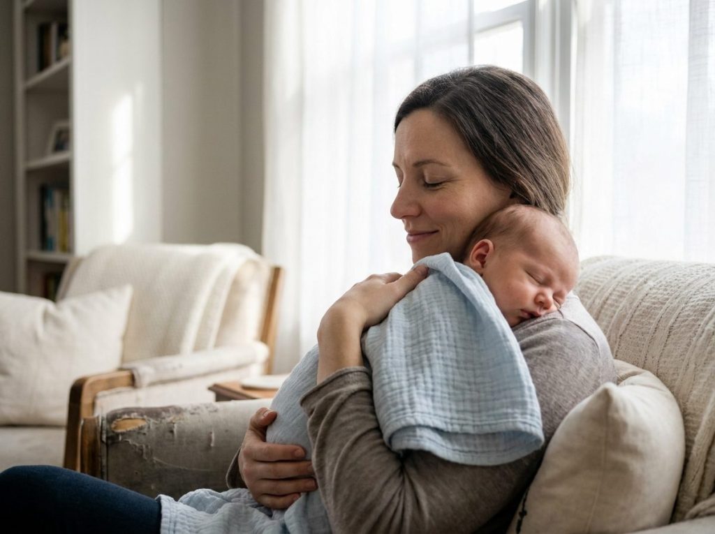 A mother holds her sleeping newborn against her shoulder by a sunny window