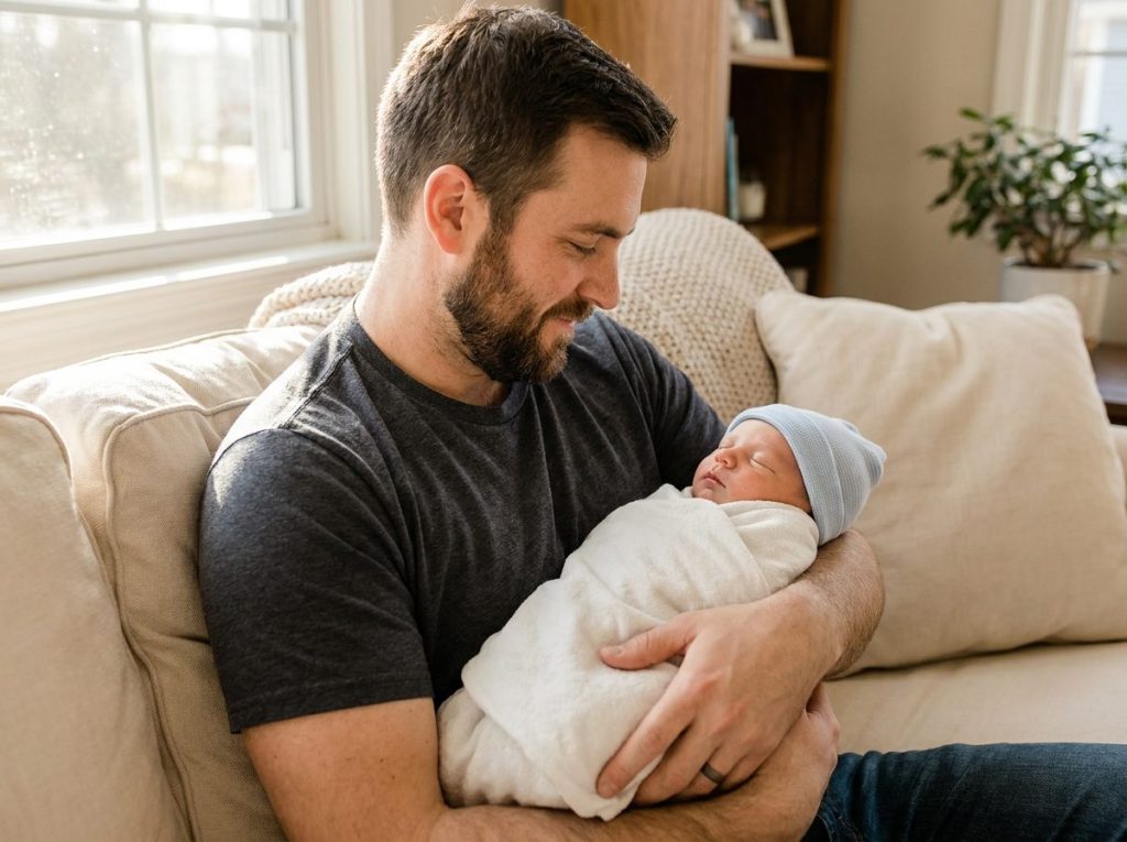 A father cradles his swaddled newborn on the sofa at home