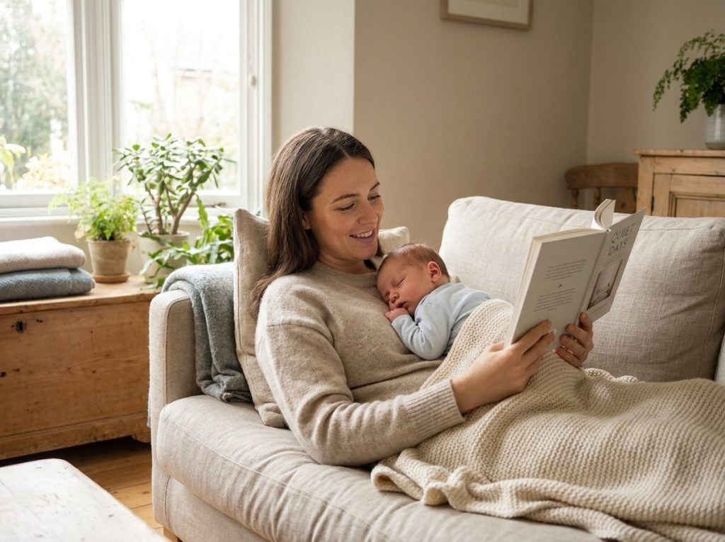 A mother reads on the sofa while her newborn sleeps on her chest