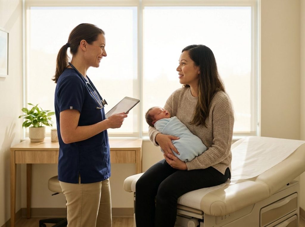 A pediatric clinician talks with a parent holding a newborn in an exam room