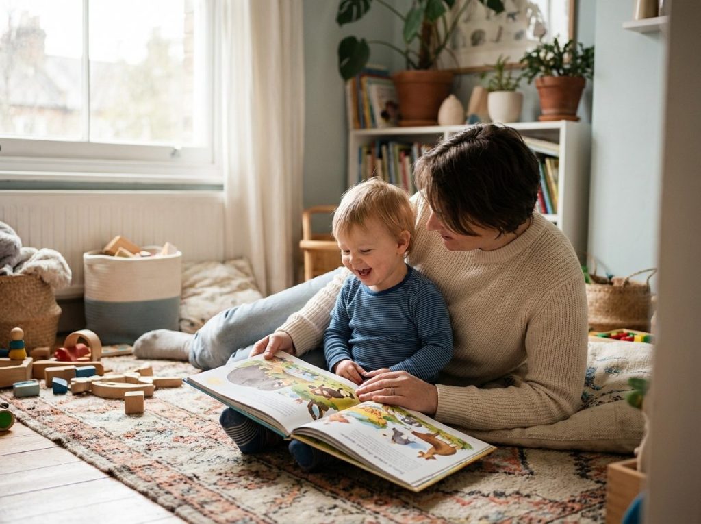 A parent and a laughing toddler read a picture book together on the floor
