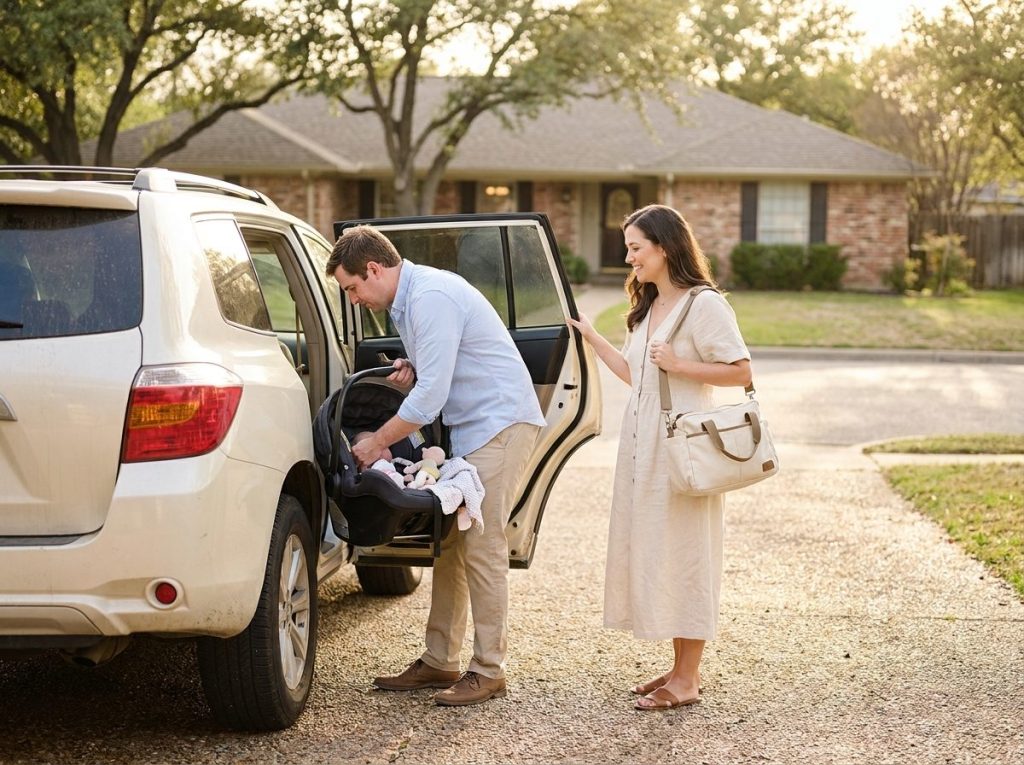 Parents secure an infant car seat in their car before a drive